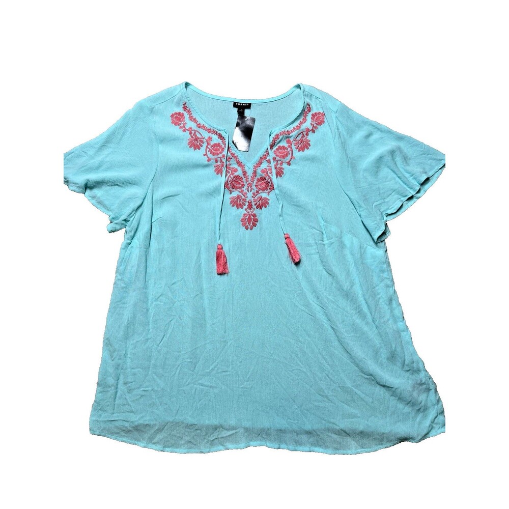 NWT Torrid Embroidered Blouse Women's Plus 1X Teal Blue Crinkle Gauze T-Shirt
